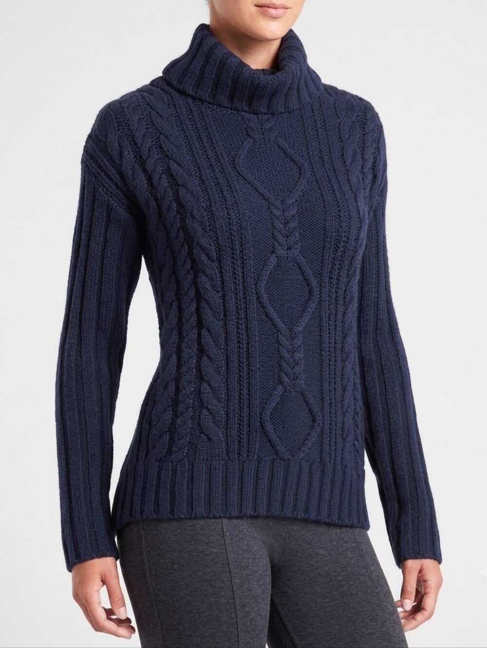 Athleta 100% Merino Wool Cable Knit Cowl Neck Sweater Navy Blue Oversized Small